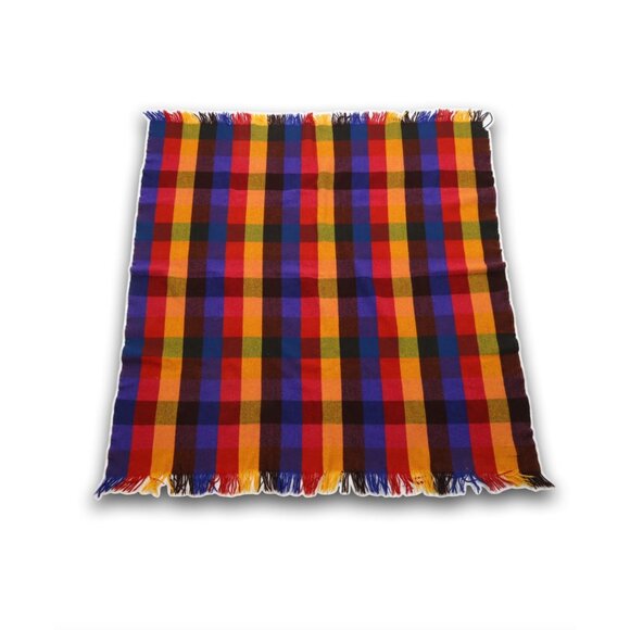 Vtg 60s 70s Mid Century Modern MCM Rainbow Checkered Wool Fringed Blanket Throw